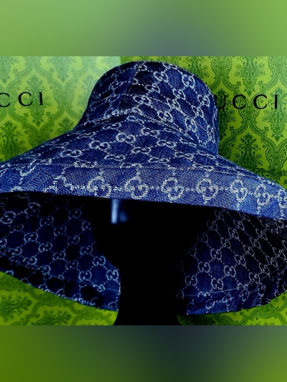 Denim Monogram Bucket Hat Large Wide Brim Jacquard Canvas Navy Blue Sun Beach